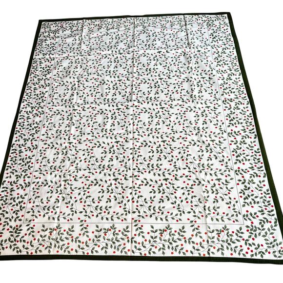 Christmas Tablecloth printed cotton mod green red white rectangle holly berries - Picture 2 of 6